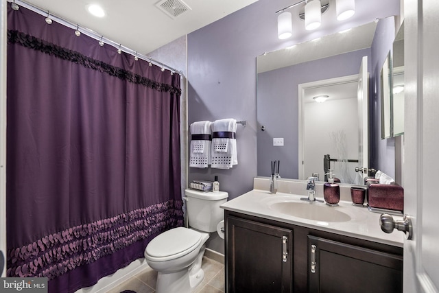 full bathroom with vanity, visible vents, toilet, curtained shower, and tile patterned floors