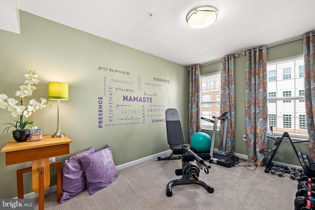 exercise room featuring baseboards and carpet flooring