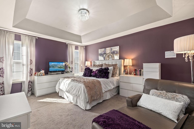 bedroom with carpet floors and a raised ceiling