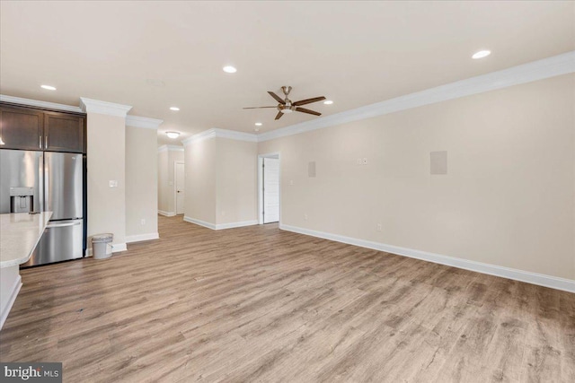 12524 Salisbury Rd, Ocean City, MD 21842 - unfurnished living room featuring recessed lighting, light wood-style floors, ceiling fan, and crown molding