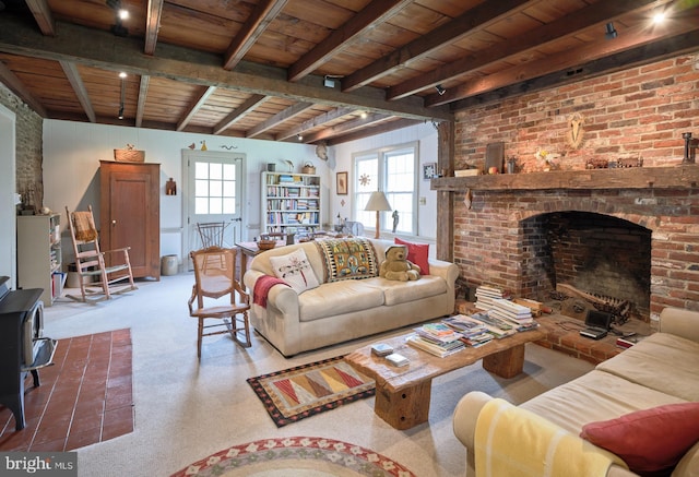 3837 Curly Hill Rd, Doylestown, PA 18902 - living room with beam ceiling, wooden ceiling, carpet floors, and a fireplace