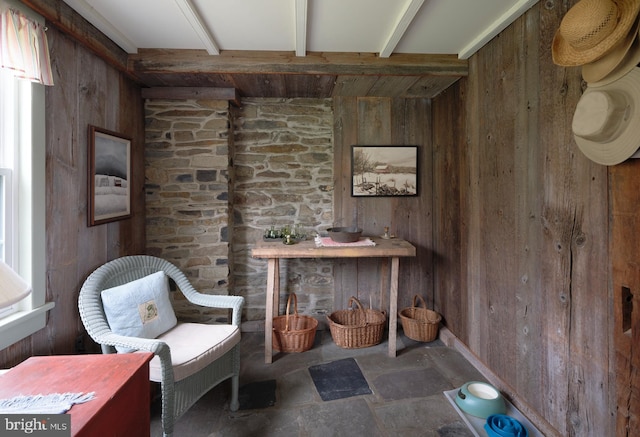 3837 Curly Hill Rd, Doylestown, PA 18902 - living area with wood walls, beamed ceiling, and stone finish floor