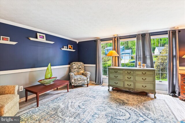 living area featuring baseboards, ornamental molding, light wood-type flooring, and a textured ceiling