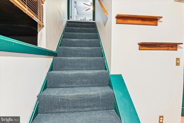 stairway with a ceiling fan
