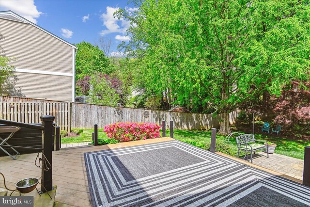 view of patio featuring a fenced backyard and a wooden deck