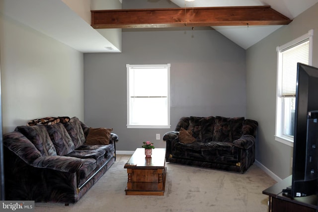 360 Haverford Ave, Wenonah, NJ 08090 - carpeted living area featuring baseboards and lofted ceiling with beams