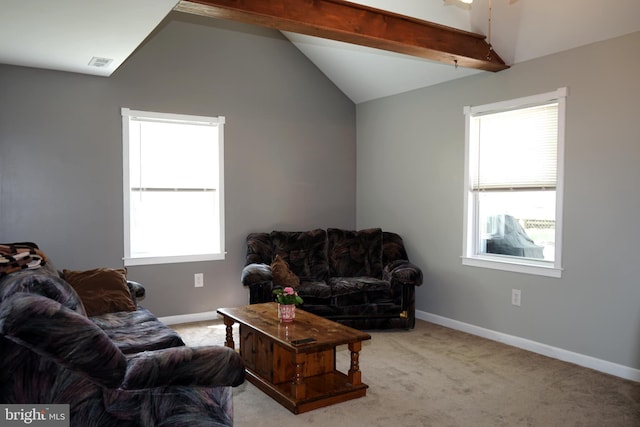 360 Haverford Ave, Wenonah, NJ 08090 - carpeted living room with baseboards, visible vents, and vaulted ceiling with beams