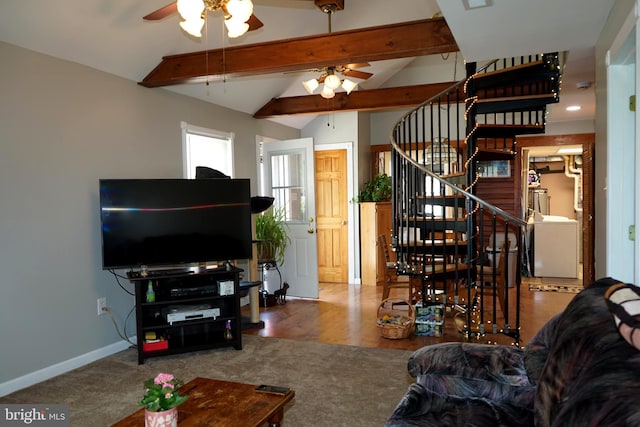 360 Haverford Ave, Wenonah, NJ 08090 - living area featuring lofted ceiling with beams, stairs, a ceiling fan, washer / clothes dryer, and baseboards