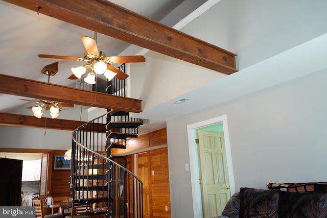 360 Haverford Ave, Wenonah, NJ 08090 - stairway with ceiling fan, beamed ceiling, visible vents, and a towering ceiling