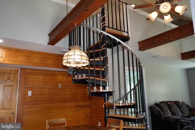 360 Haverford Ave, Wenonah, NJ 08090 - staircase with high vaulted ceiling, a ceiling fan, and visible vents