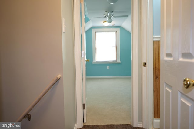 360 Haverford Ave, Wenonah, NJ 08090 - hallway featuring carpet flooring, baseboards, vaulted ceiling, and an upstairs landing