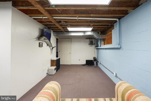 basement with carpet flooring