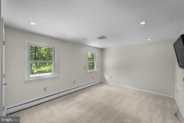 400 Highview Dr, Wayne, PA 19087 - empty room featuring a baseboard radiator, light colored carpet, recessed lighting, and baseboards
