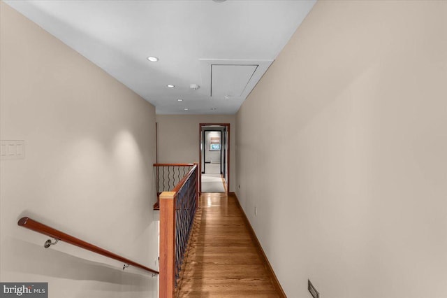 400 Highview Dr, Wayne, PA 19087 - hall with an upstairs landing, attic access, wood finished floors, recessed lighting, and baseboards