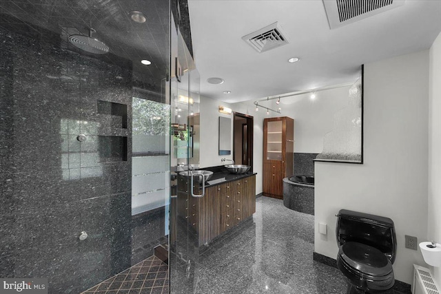 400 Highview Dr, Wayne, PA 19087 - full bath with granite floors, walk in shower, vanity, toilet, and recessed lighting
