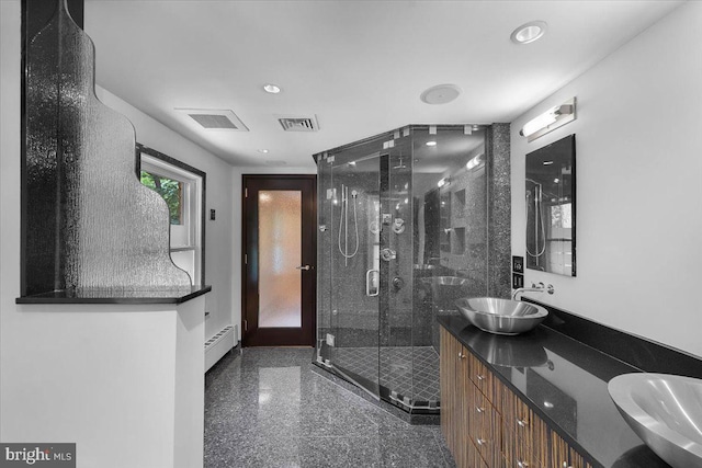 400 Highview Dr, Wayne, PA 19087 - full bathroom with granite floors, a stall shower, recessed lighting, baseboard heating, and baseboards