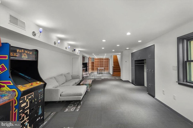 400 Highview Dr, Wayne, PA 19087 - living room with stairs, recessed lighting, carpet, and baseboards