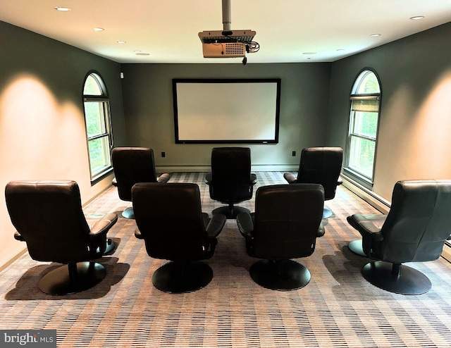 400 Highview Dr, Wayne, PA 19087 - cinema room featuring healthy amount of natural light, a baseboard radiator, recessed lighting, baseboard heating, and carpet flooring