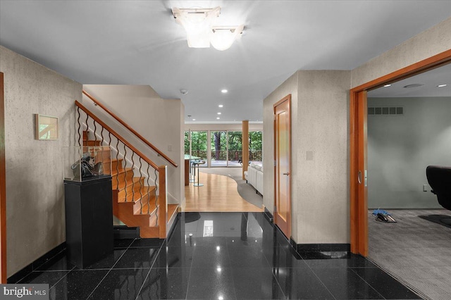 400 Highview Dr, Wayne, PA 19087 - foyer featuring granite tiled floors, baseboards, stairway, and recessed lighting
