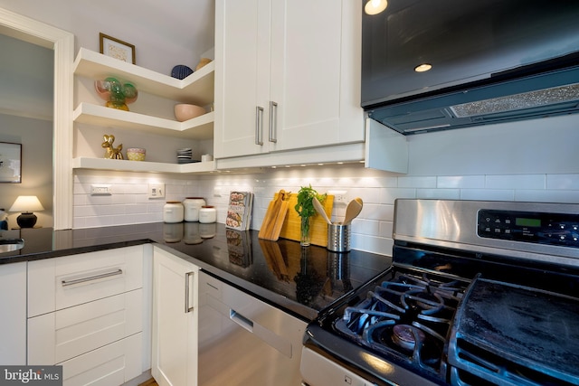 kitchen featuring open shelves, ventilation hood, stainless steel appliances, white cabinetry, and decorative backsplash