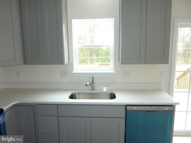 kitchen with a sink, gray cabinets, plenty of natural light, and dishwashing machine