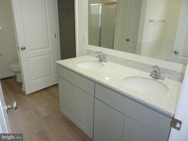 full bathroom featuring a sink, double vanity, a stall shower, and wood finished floors
