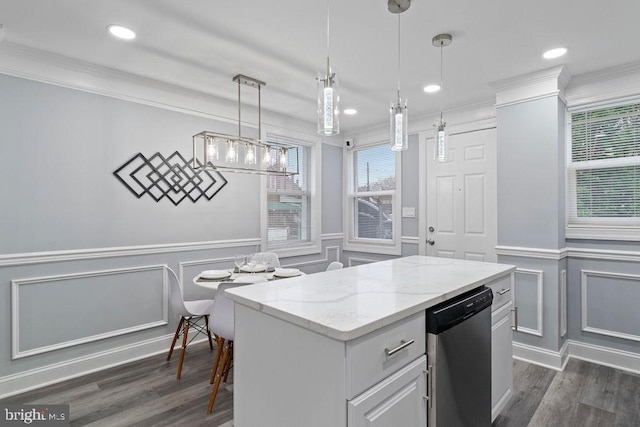 300 Denison St, Baltimore, MD 21229 - kitchen featuring stainless steel dishwasher, light stone countertops, decorative light fixtures, and dark wood-style flooring