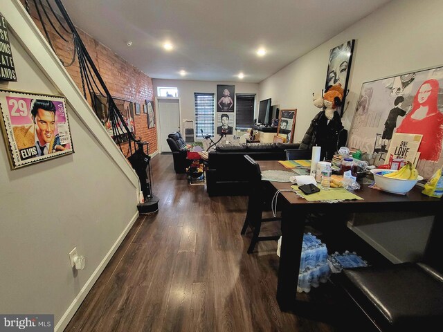 3149 Jasper St, Philadelphia, PA 19134 - dining area with stairway, dark wood-style flooring, and baseboards