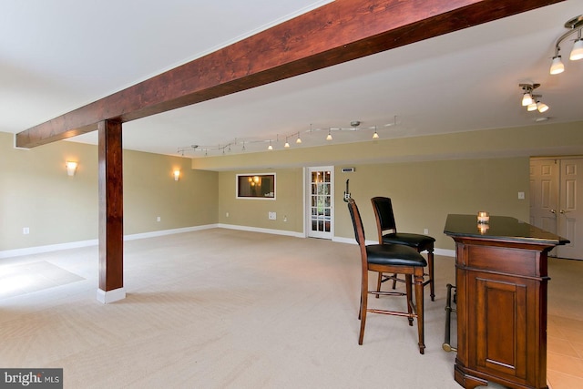 interior space with track lighting, baseboards, and light colored carpet