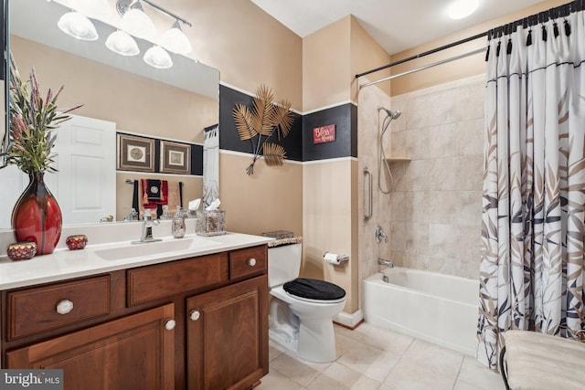 full bath featuring toilet, tile patterned floors, shower / bath combo with shower curtain, and vanity