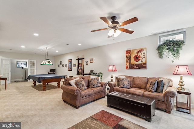 living area with baseboards, a ceiling fan, recessed lighting, light colored carpet, and pool table