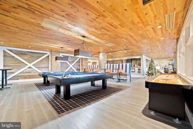 rec room with visible vents, wooden ceiling, wood finished floors, baseboards, and billiards