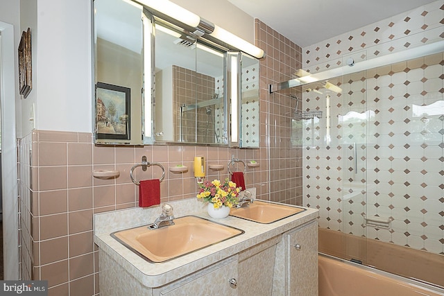 101 Andrea Rd, Cheltenham, PA 19012 - full bathroom with tile walls, shower / bath combination with glass door, and double vanity