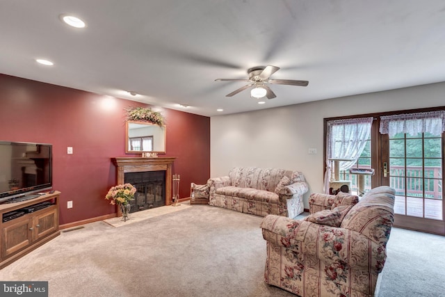 2744 Church Ln, Taneytown, MD 21787 - living area with carpet floors, a ceiling fan, recessed lighting, and a fireplace with flush hearth
