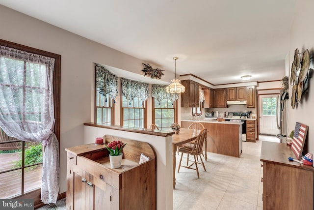 2744 Church Ln, Taneytown, MD 21787 - kitchen featuring under cabinet range hood, a peninsula, light countertops, electric range, and freestanding refrigerator