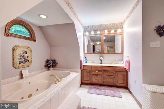 2744 Church Ln, Taneytown, MD 21787 - bathroom featuring double vanity, a tub with jets, vaulted ceiling, and tile patterned floors