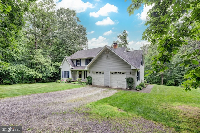2744 Church Ln, Taneytown, MD 21787 - view of front of home featuring dirt driveway, an attached garage, a chimney, a front yard, and roof with shingles
