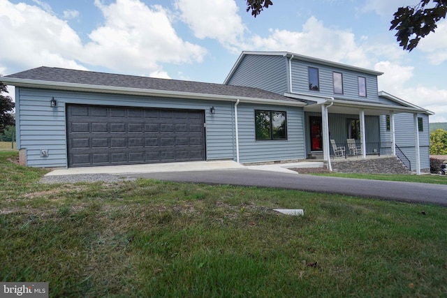 208 Drane Dr, Accident, MD 21520 - view of front of home featuring covered porch, an attached garage, concrete driveway, a front yard, and a shingled roof