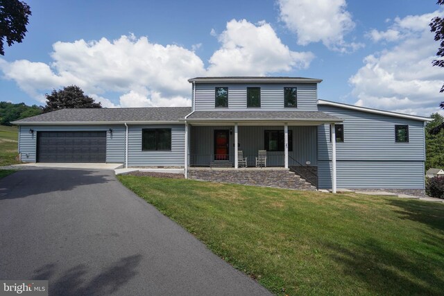 208 Drane Dr, Accident, MD 21520 - view of front facade with roof with shingles, an attached garage, aphalt driveway, a front lawn, and covered porch