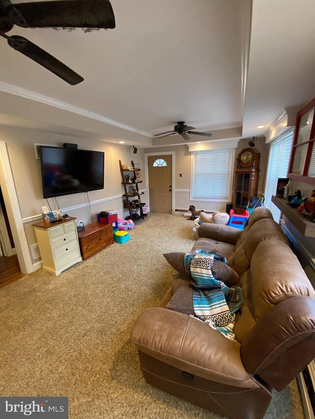 138 Seyfert Dr, Birdsboro, PA 19508 - living area featuring a raised ceiling, carpet floors, baseboards, and ceiling fan