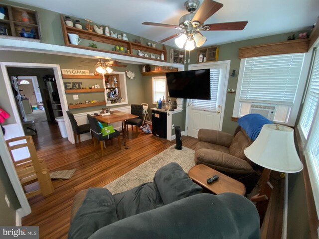 138 Seyfert Dr, Birdsboro, PA 19508 - living area featuring cooling unit, a ceiling fan, and wood finished floors