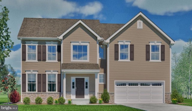 view of front facade with stone siding, concrete driveway, and an attached garage