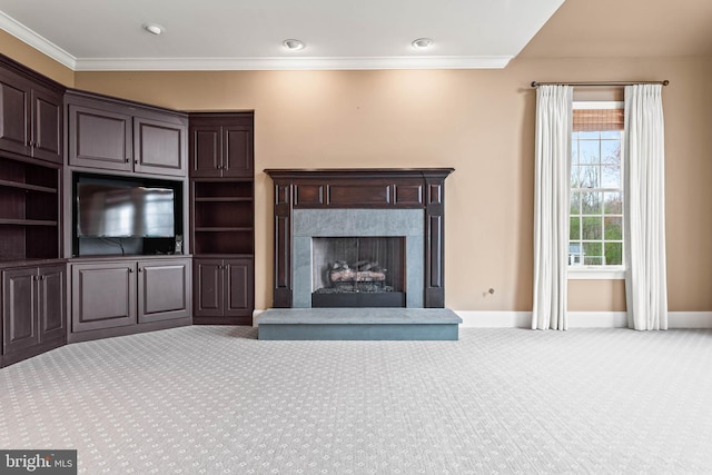607 Newtown Rd, Berwyn, PA 19312 - unfurnished living room with ornamental molding, a fireplace, baseboards, recessed lighting, and carpet
