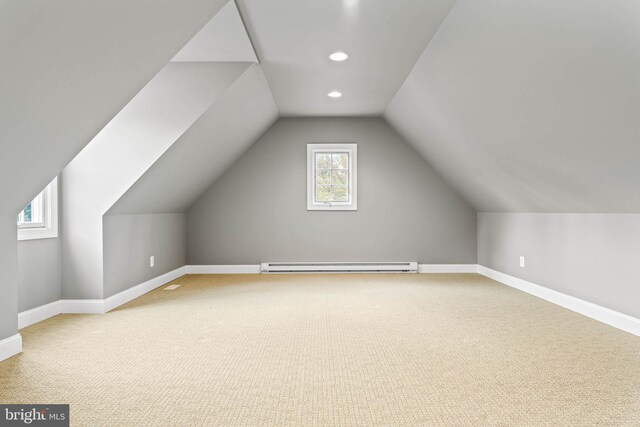 607 Newtown Rd, Berwyn, PA 19312 - bonus room featuring carpet floors, lofted ceiling, baseboards, baseboard heating, and recessed lighting