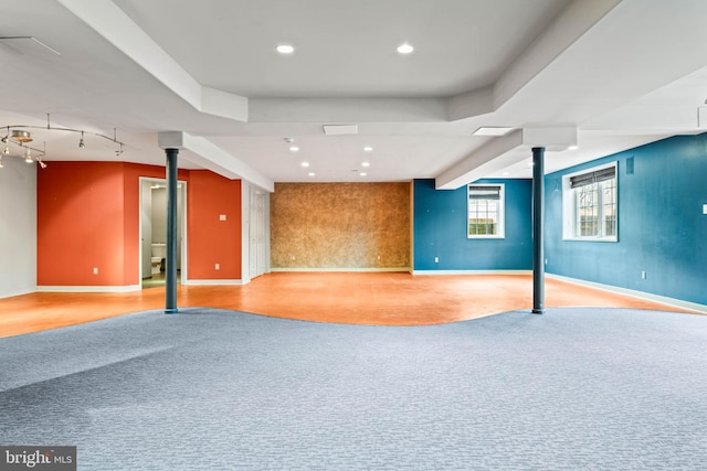 607 Newtown Rd, Berwyn, PA 19312 - basement with baseboards, recessed lighting, carpet, and an accent wall