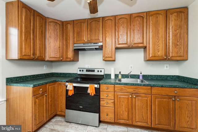 kitchen with brown cabinetry, under cabinet range hood, a sink, and stainless steel range with electric stovetop