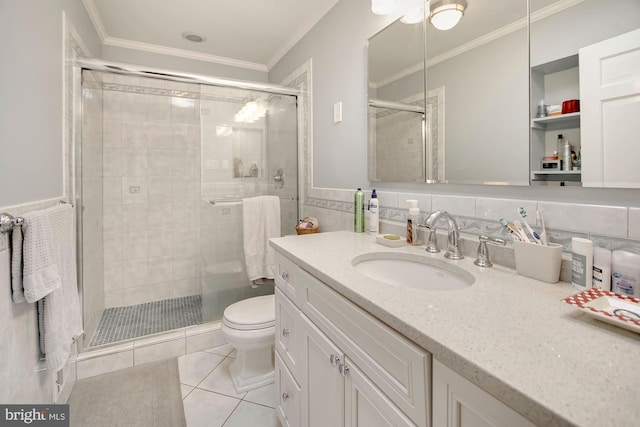 624 4th Pl SW, Washington, DC 20024 - full bathroom featuring vanity, toilet, tile patterned flooring, a stall shower, and crown molding