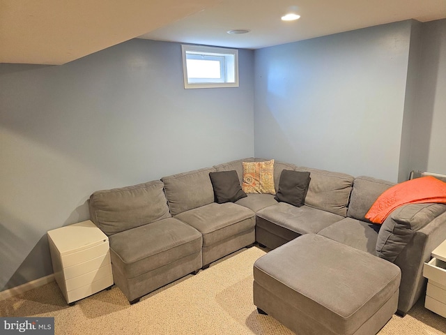 carpeted living room featuring recessed lighting