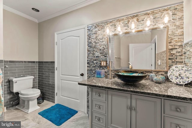 6707 Burch Hill Rd, Brandywine, MD 20613 - bathroom featuring tile walls, vanity, toilet, and ornamental molding