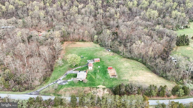 birds eye view of property with a forest view